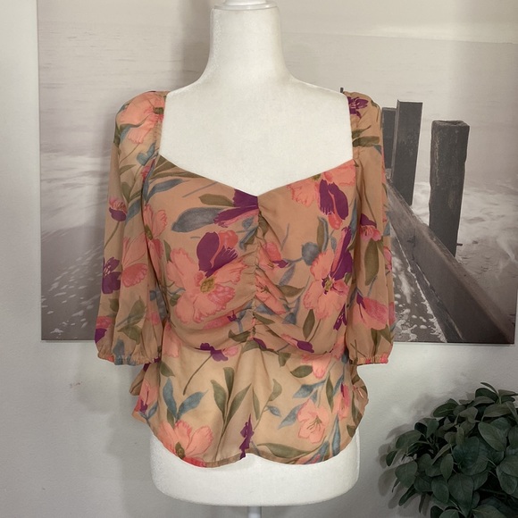 Lulus Living Life Blush Pink Multi Floral Print Ruched Puff Sleeve Top - Picture 4 of 6